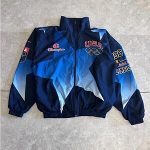 90s Vintage Olympics USA Zip Up Champion AOP Blue Jacket Sizes L/XXL